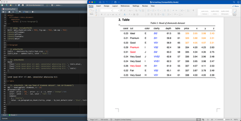 screencapture of R script and styling of text and tables output