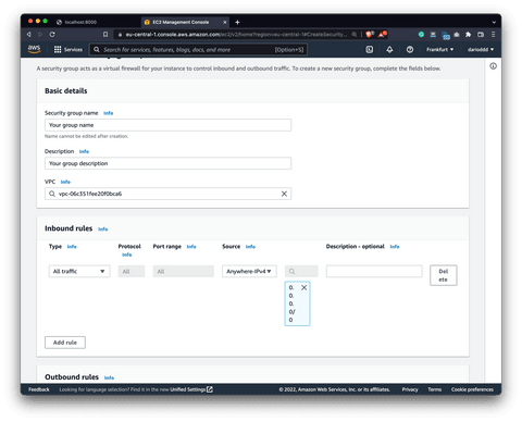 Configuring a VPC security group on AWS