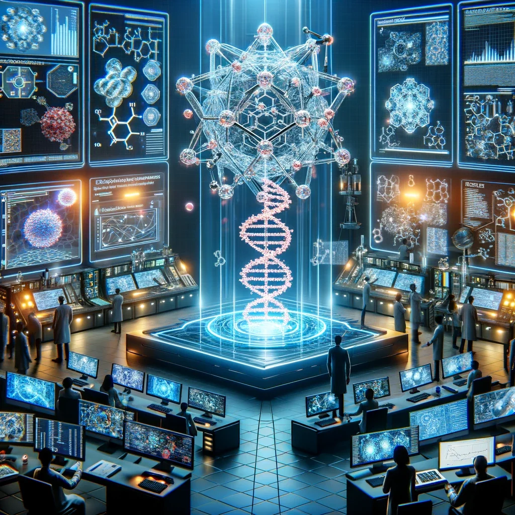 A futuristic control room with scientists monitoring a large holographic DNA structure intertwined with a complex molecular network