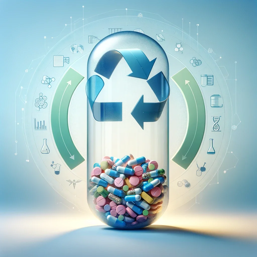 A symbolic depiction of drug repurposing featuring a large capsule encircled by recycling arrows and scientific research icons.