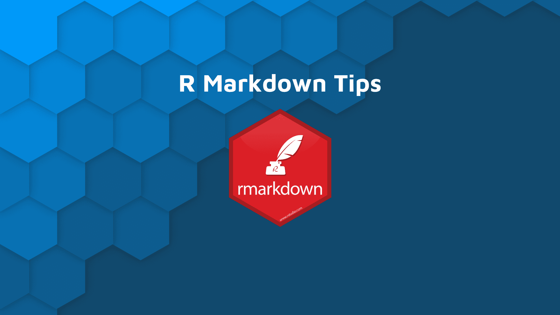 R Markdown tips and tricks hex blog banner with white text, "R Markdown Tips" and the rmarkdown package logo