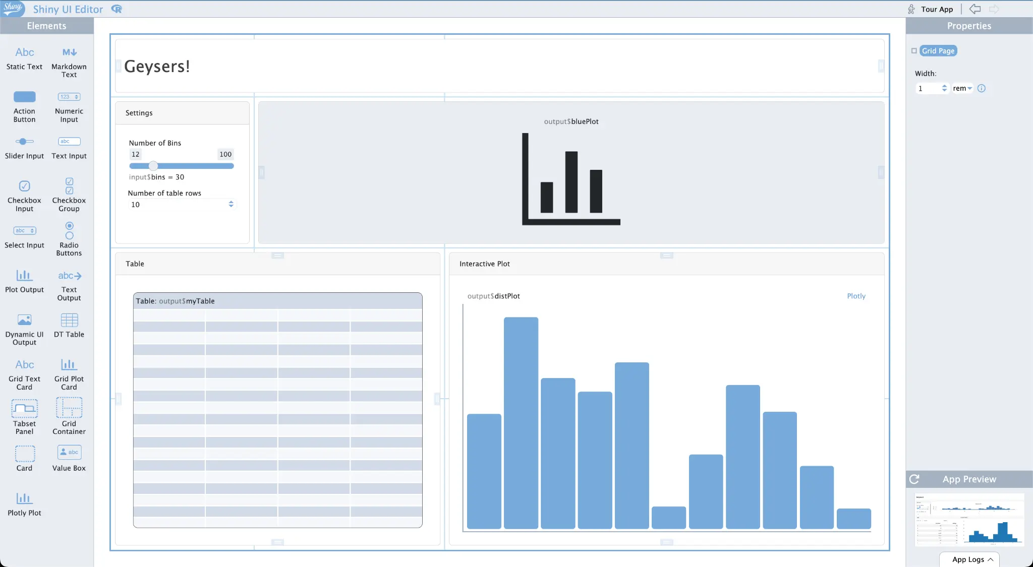 The user interface for ShinyUiEditor for creating data visualizations.