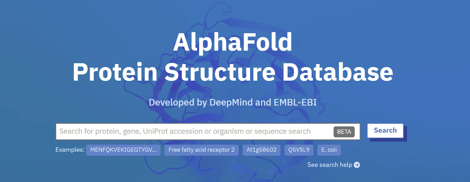Homepage of the AlphaFold Protein Structure Database with a search interface for proteins and genes.