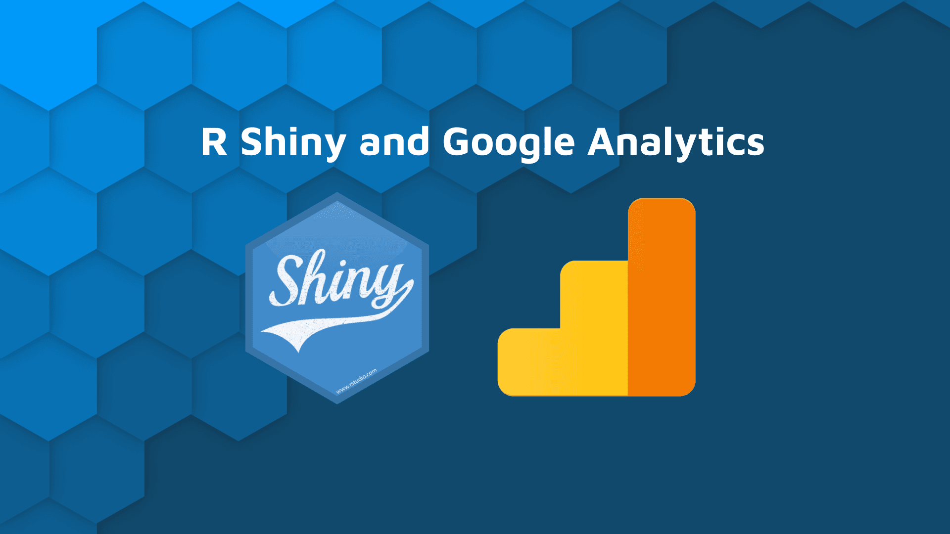 Google Analytics in R Shiny app blog hero banner with white text "R Shiny and Google Analytics" with Shiny and GA logos