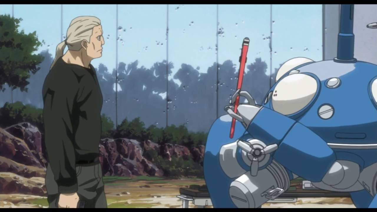 Batou the cyborg confers with the Think-Tank Tachikoma in "Ghost in the Shell"