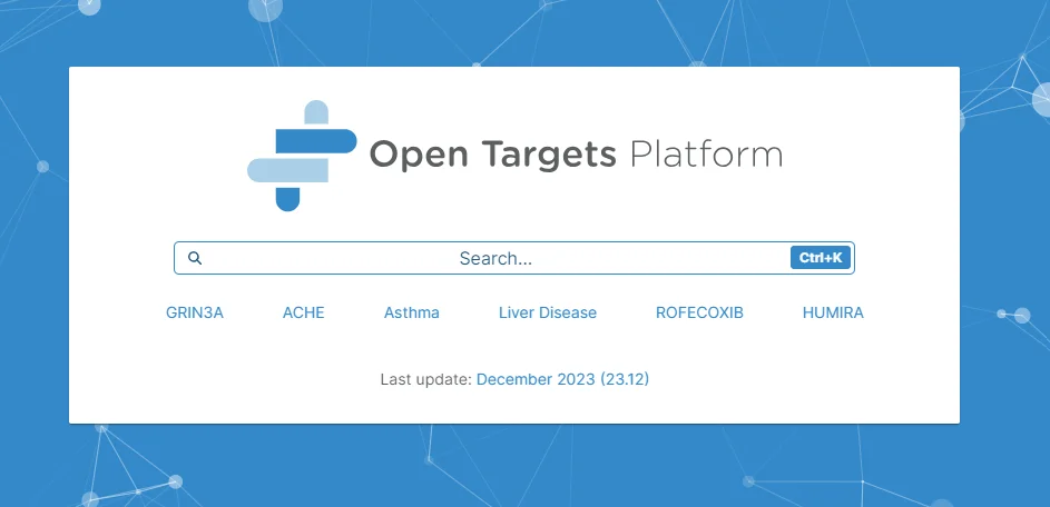 Screenshot of the Open Targets Platform homepage with a search bar and quick search options for various genes and diseases.