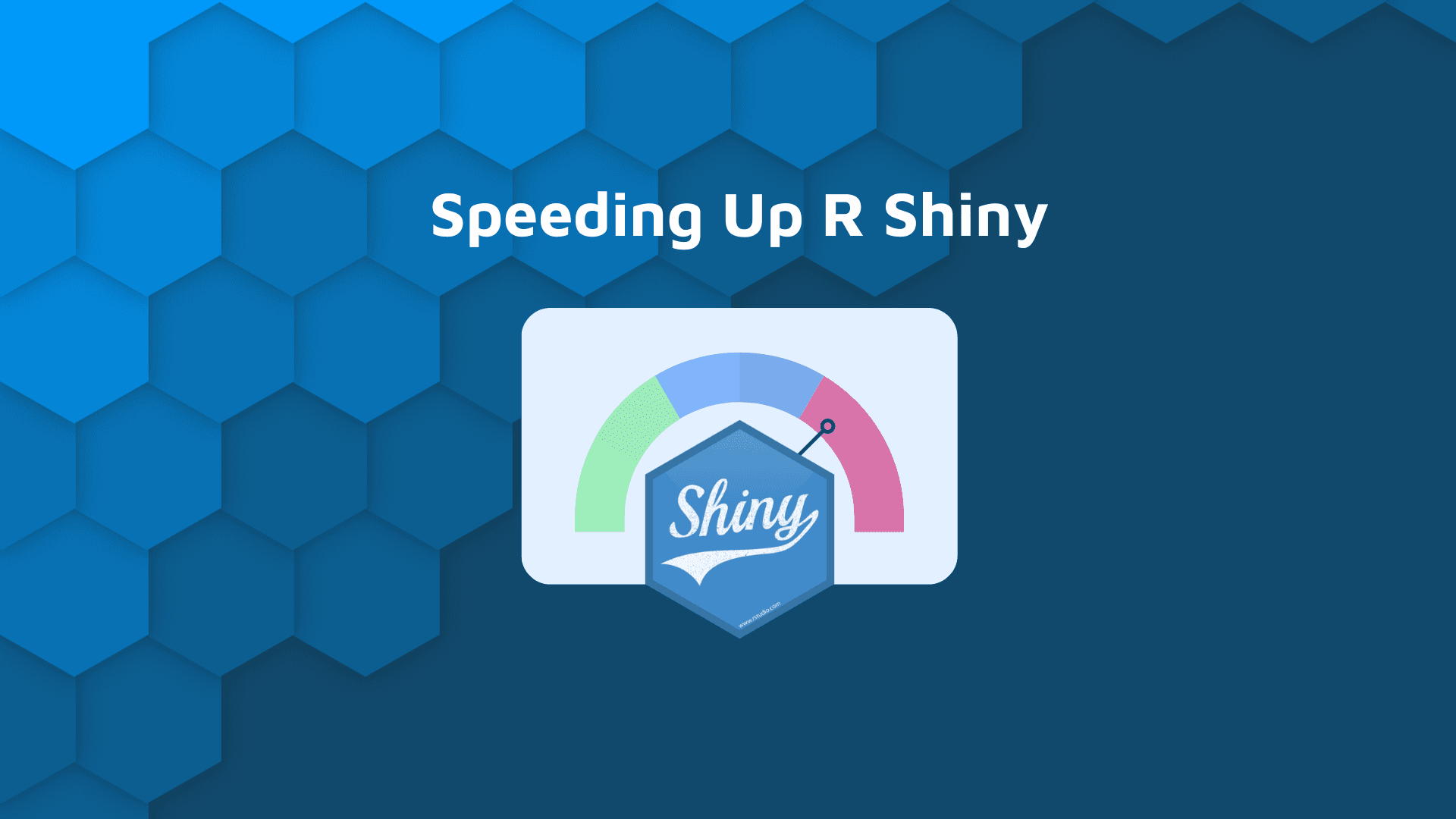 Blog hero hex banner with white text, "speeding up r shiny" and Shiny open source logo over speedometer