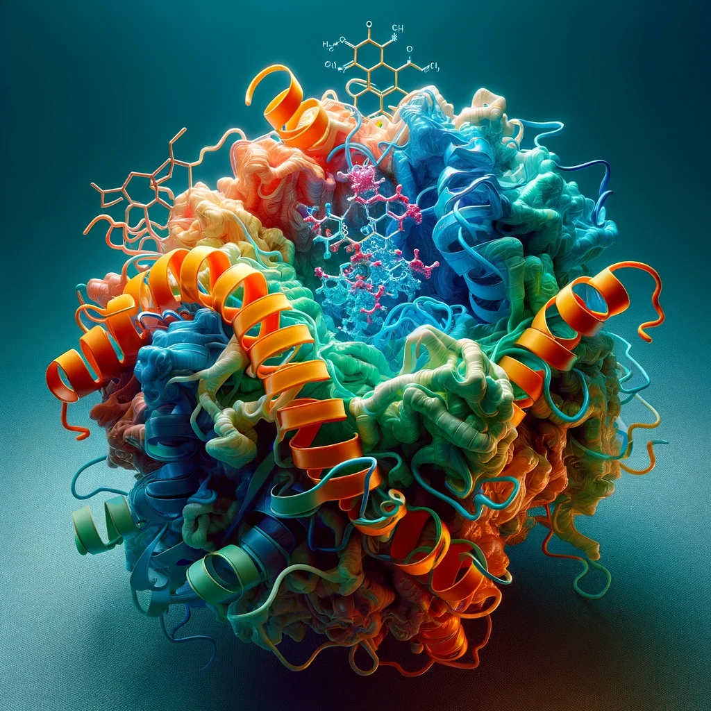 Detailed 3D illustration of a protein complex with vibrant colors indicating its structure and a small molecule inhibitor at its center
