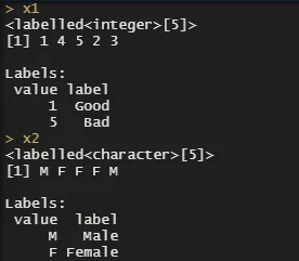 A code snippet displaying two labeled vectors in R. The first vector, x1, contains integers with labels "Good" for the value 1 and "Bad" for the value 5. The second vector, x2, contains characters with labels "Male" for the value M and "Female" for the value F.