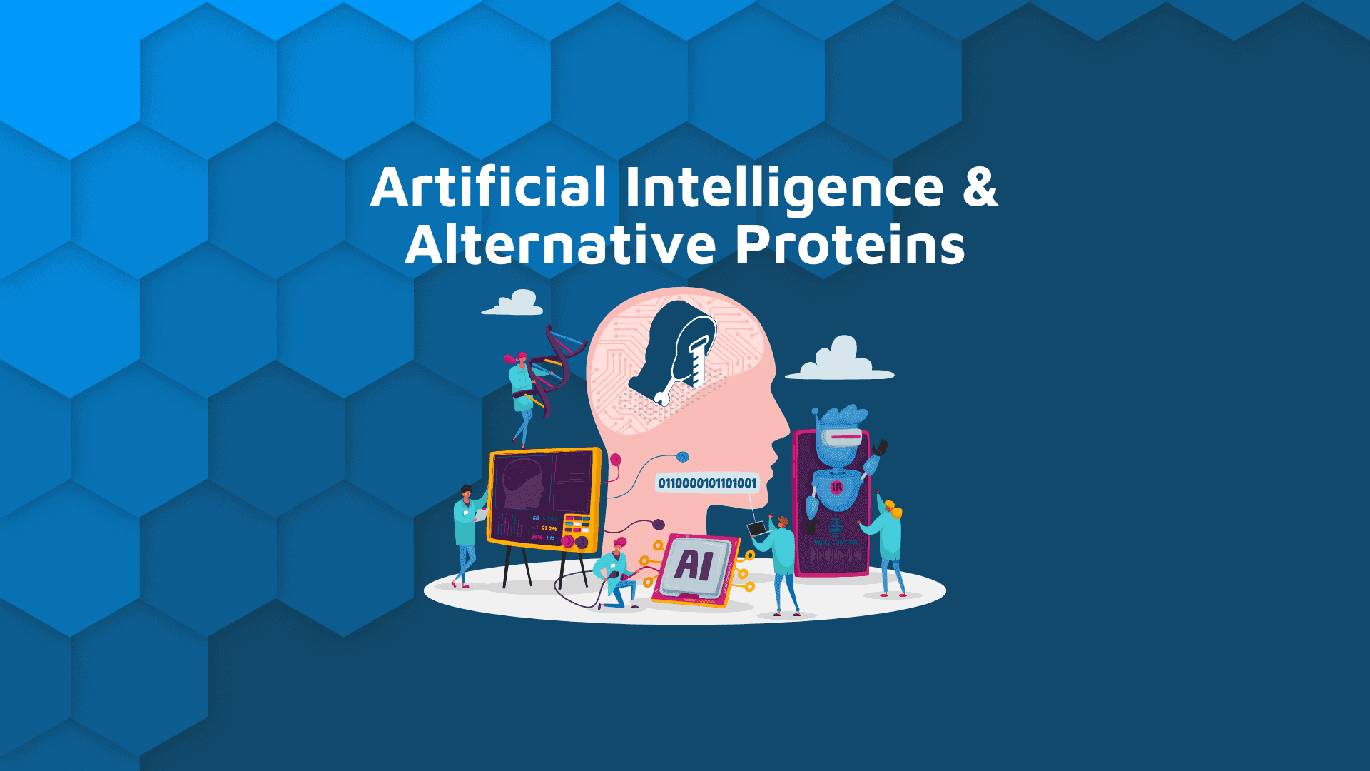 Blog hero hex banner with white text "artificial intelligence and alternative proteins" and graphic of AI brain