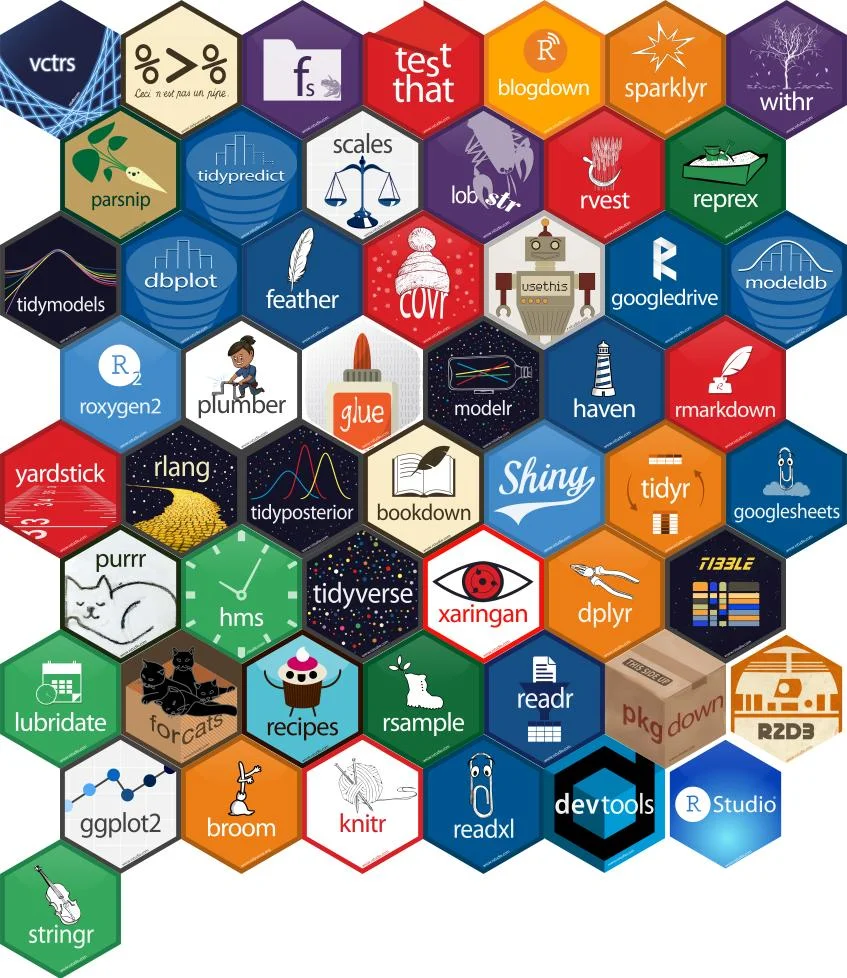 An image showcasing an array of hexagonal badges representing various R packages and tools such as "Shiny", "tidyverse", "ggplot2", etc. Each badge is intricately designed with graphics ranging from animals and objects to abstract symbols.